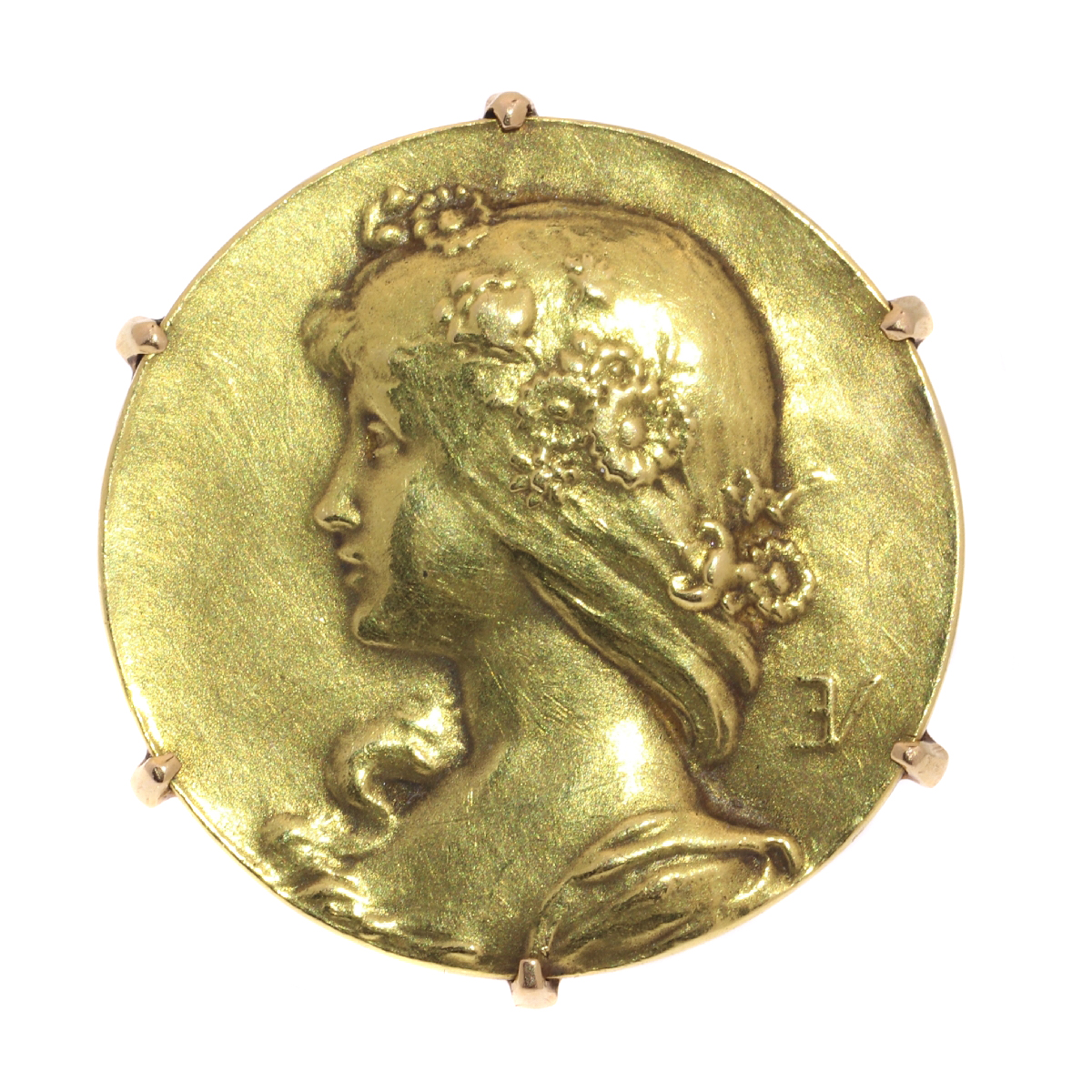 Antique gold pin Lady face signed Emile Vernier France